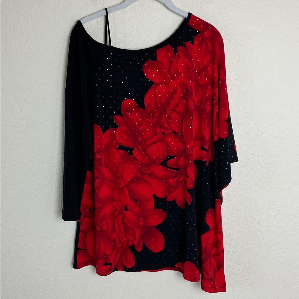 Clara Sun Woo Dramatic Dark Floral Asymmetrical Shimmery Top